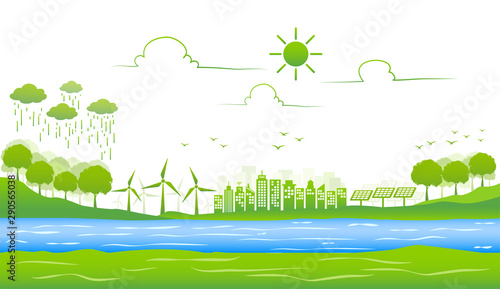 Ecology environmentally friendly with green city and sustainable development concept, vector illustration