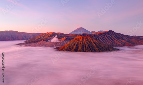 Beautiful landscape with Mount Bromo volcano viewpoint in Bromo Tengger Semeru National Park at sunrise, Indonesia.
