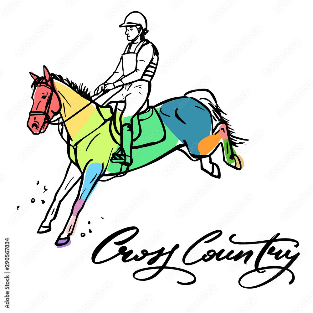 Нand drawn colorful graphic: horse riding. Equestrian sport like cross country illustration for your design