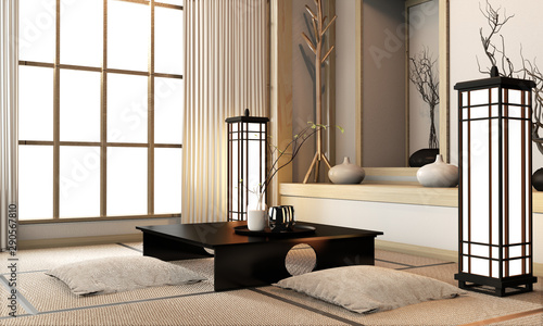 Ryokan living room japanese style with tatami mat floor and decoration.3D rendering
