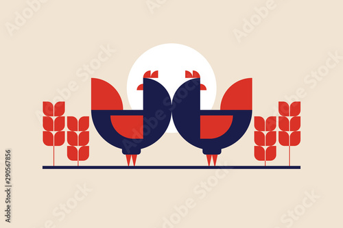 Hens on background of sun and ears of corn in folk style. Illustration can be used for packaging design, menus, design in markets and meat stores. Vector vintage image.