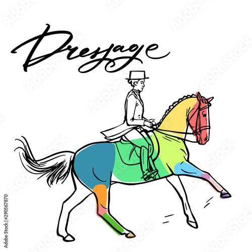 Нand drawn colorful graphic: horse riding. Equestrian sport like dressage illustration for your design