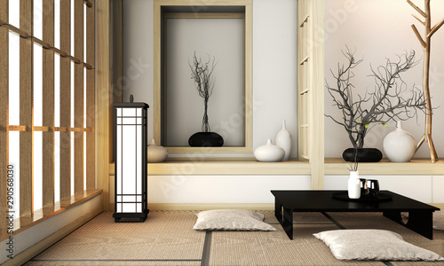 Room very zen style with decoration japanese style on tatami mat.3D rendering