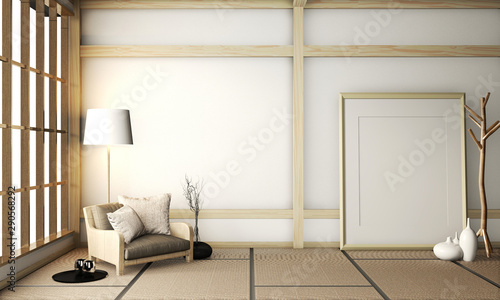 Mock up poster frame on room very zen with armchair on tatami floor.3D rendering © Interior Design