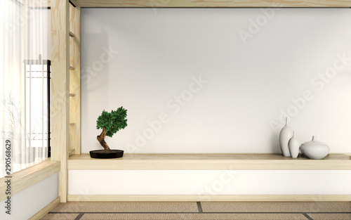 Canvas Print Empty zen room very japanese style with tatami mat floor and wall mix wooden design