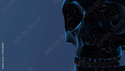 Silver human skull with dark background. Death, horror, anatomy and halloween symbol. 3d rendering, 3d illustration