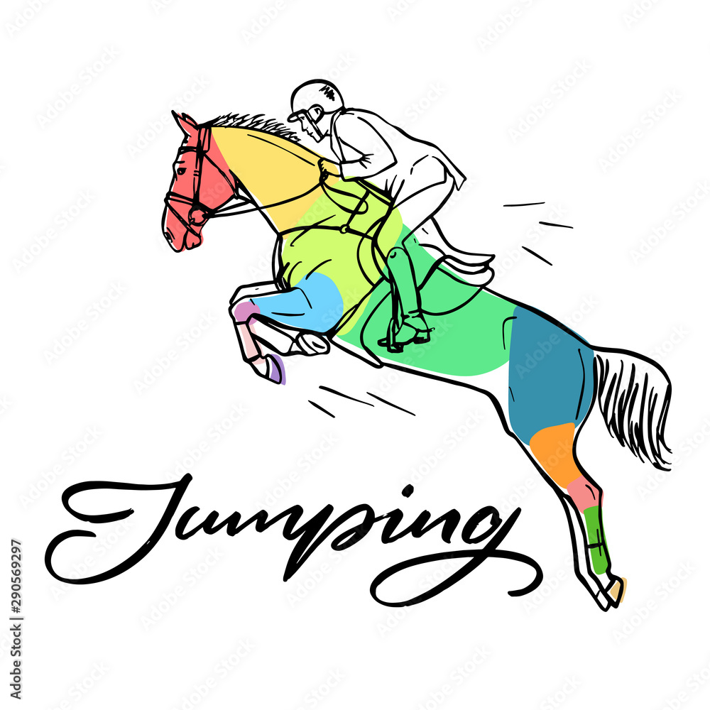 Нand drawn colorful graphic: horse riding. Equestrian sport like jumping  illustration for your design