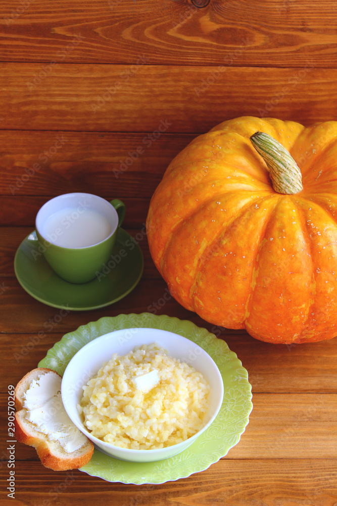 bowl of pumpkin porridge with milk bowl of pumpkin porridge with milk