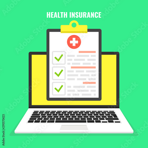 Health insurance concept. Laptop with medical clipboard. Vector illustration.