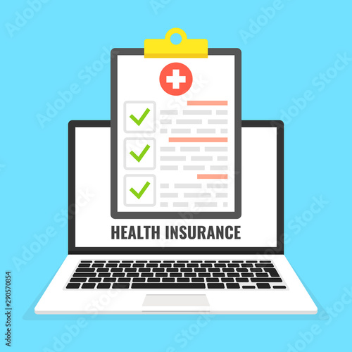 Health insurance concept. Laptop with medical clipboard. Vector illustration.