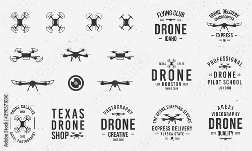 Collection of Drone logos, emblems, labels, badges. Set of 9 logo templates and 10 design elements for logo design. Drone business. Vector templates photo