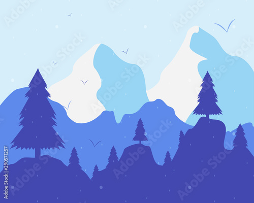 Snowy Mountain Landscape with Trees and Birds 