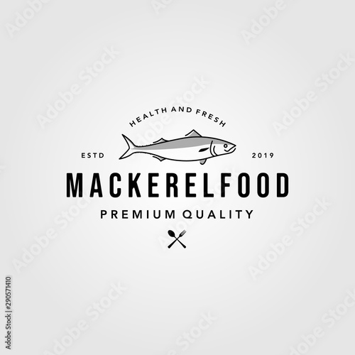 line art mackerel fish logo hipster vintage emblem vector seafood illustration