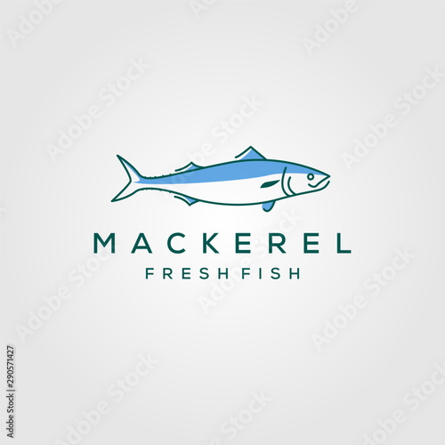 line art fish mackerel logo hipster vintage label emblem vector seafood illustration