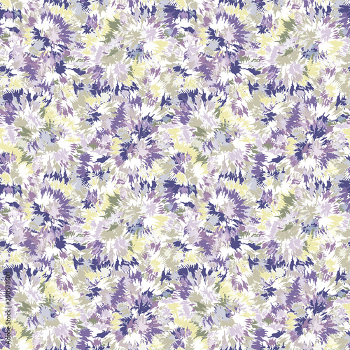 Blurry shibori tie dye naive daisy background. Seamless pattern on bleached resist white. Spring lilac pastel for irregular dip dyed batik textile. Variegated pale textured trendy fashion swatch.