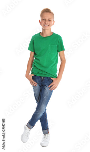 Full length portrait of teenage boy on white background