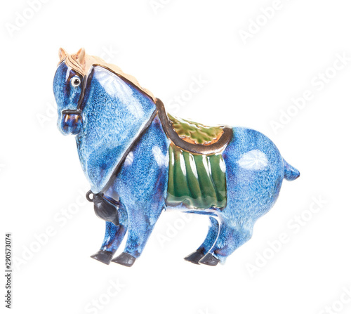 ceramic figurine of blue horse, isolated on white background