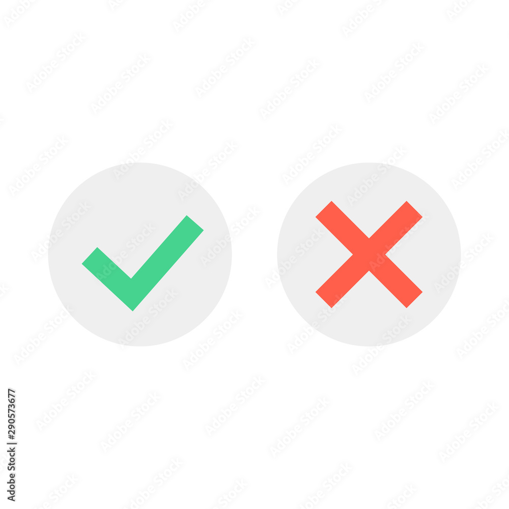 Check mark icons. Green tick and red cross checkmarks icons set. Flat cartoon style. Vector illustration. Check mark icons. Green tick and red cross checkmarks icons set. Flat cartoon style. Vector illustration.