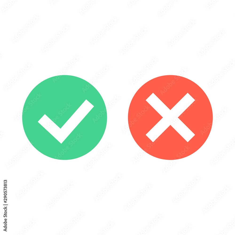 Check mark icons. Green tick and red cross checkmarks icons set. Flat cartoon style. Vector illustration. Check mark icons. Green tick and red cross checkmarks icons set. Flat cartoon style. Vector illustration.
