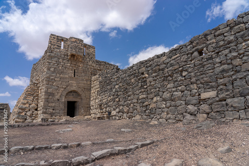 Castle Qazr Al-Azraq - one of the Jordan desert castles. Used by Lawrence of Arabia as a base during the Arab Revolt. Tower with doors made of stone.
