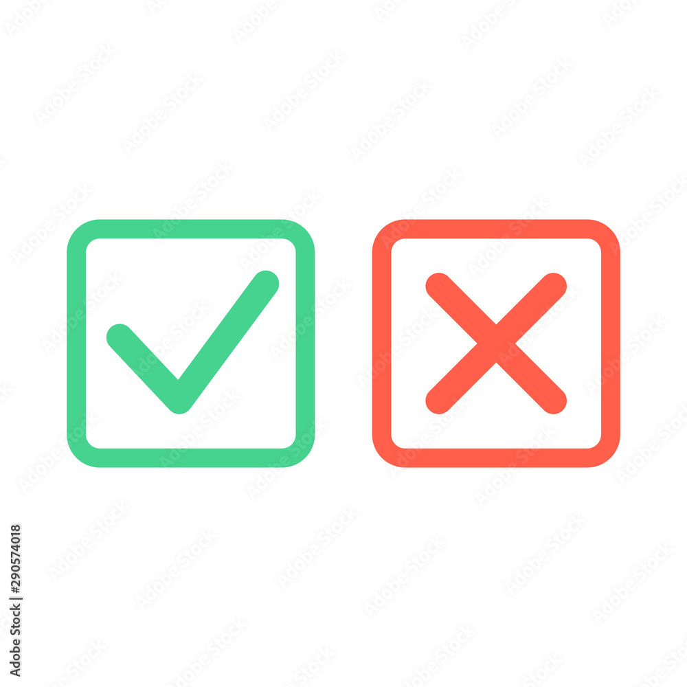 Check mark icons. Green tick and red cross checkmarks icons set. Flat vector illustration. Check mark icons. Green tick and red cross checkmarks icons set. Flat vector illustration.