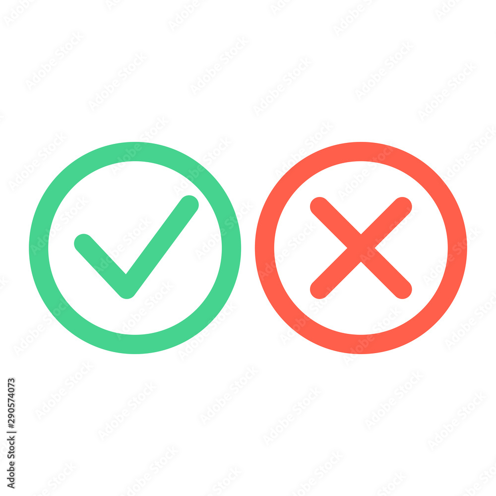 Check mark icons. Green tick and red cross checkmarks icons set. Flat vector illustration. Check mark icons. Green tick and red cross checkmarks icons set. Flat vector illustration.