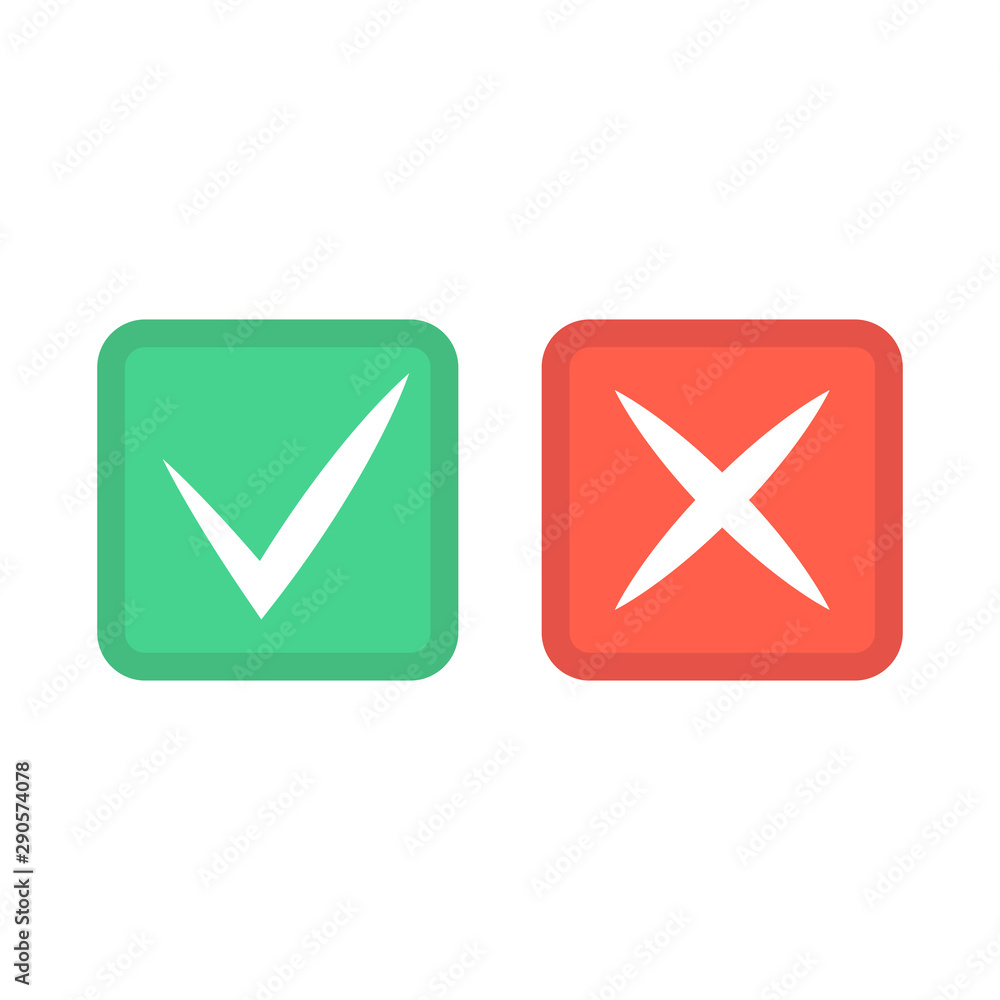 Check mark icons. Green tick and red cross checkmarks icons set. Flat vector illustration. Check mark icons. Green tick and red cross checkmarks icons set. Flat vector illustration.