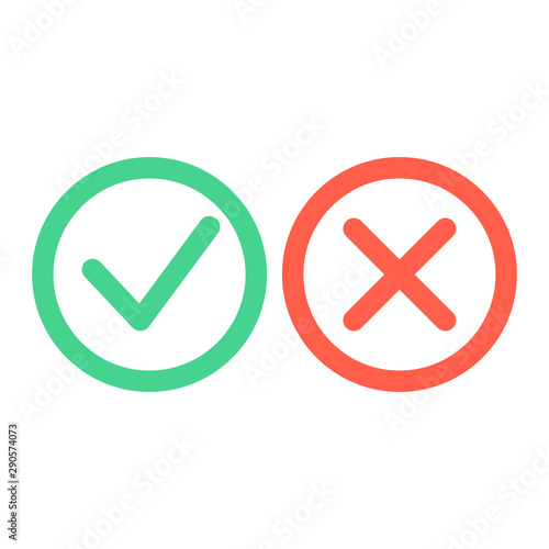 Check mark icons. Green tick and red cross checkmarks icons set. Flat vector illustration.