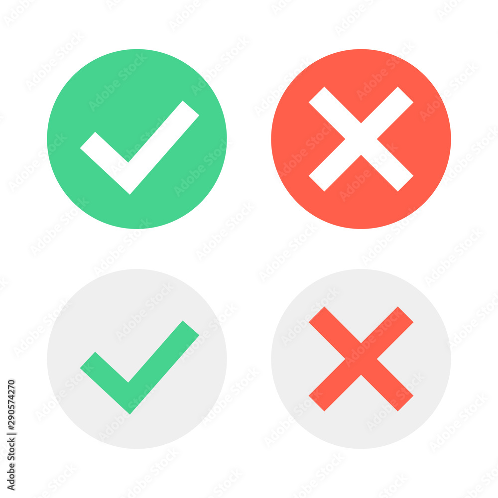 Check mark icons. Green tick and red cross checkmarks icons set. Vector illustration. Check mark icons. Green tick and red cross checkmarks icons set. Vector illustration.
