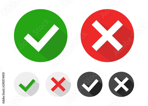 Check mark icons set. Tick and cross checkmarks icons with shadow. Vector illustration.