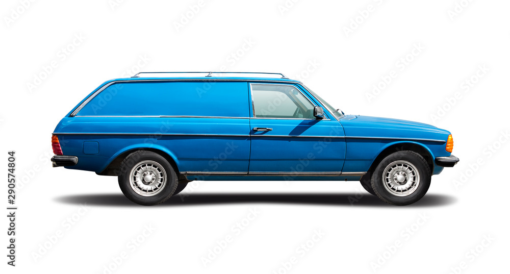 Blue German classic pick-up truck side view isolated on white