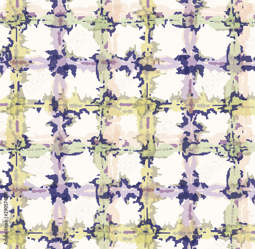 Lilac shibori tie dye broken plaid grid background. Seamless pattern wax print bleached resist background. Irregular check dip dyed batik textile. Variegated textured abstract trendy fashion all over.