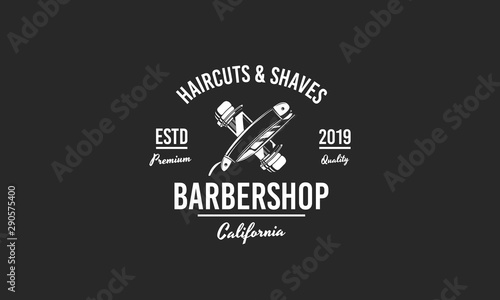 Vintage barber shop emblem, badge, label. Barbershop abstract poster with barber pole and blade. 
