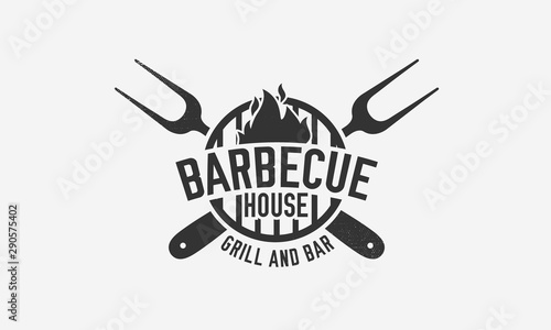 Barbecue emblem template. BBQ logo, poster with grill forks. Trendy simple logo design. Vector illustration
