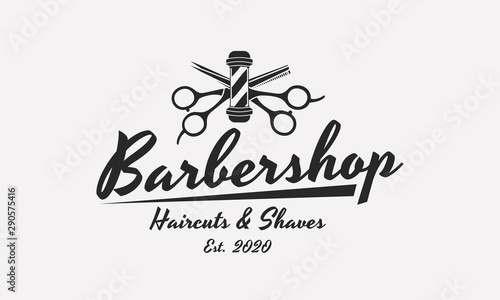 Barbershop logo, emblem, sign, label. Barber shop logo with barbershop pole and scissors. Vintage poster. Retro print for typography. Vector logo template.