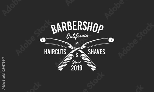 Vintage barbershop emblem isolated on black background. Trendy barber shop poster with crossed blades. Vector illustration