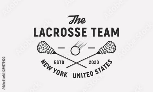Lacrosse team logo, badge, label, emblem. Lacrosse sticks and ball isolated on white background. Lacrosse vector template
