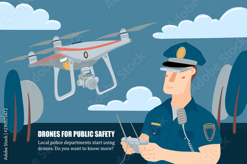 Police officer, policeman operating a flying drone with remote controller, horizontal banner, flyer template, flat style vector illustration with place for text. Policeman operating a patrolling drone