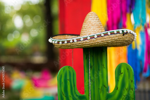 Cactus in sombrero hat over party ribbons background outdoor photo