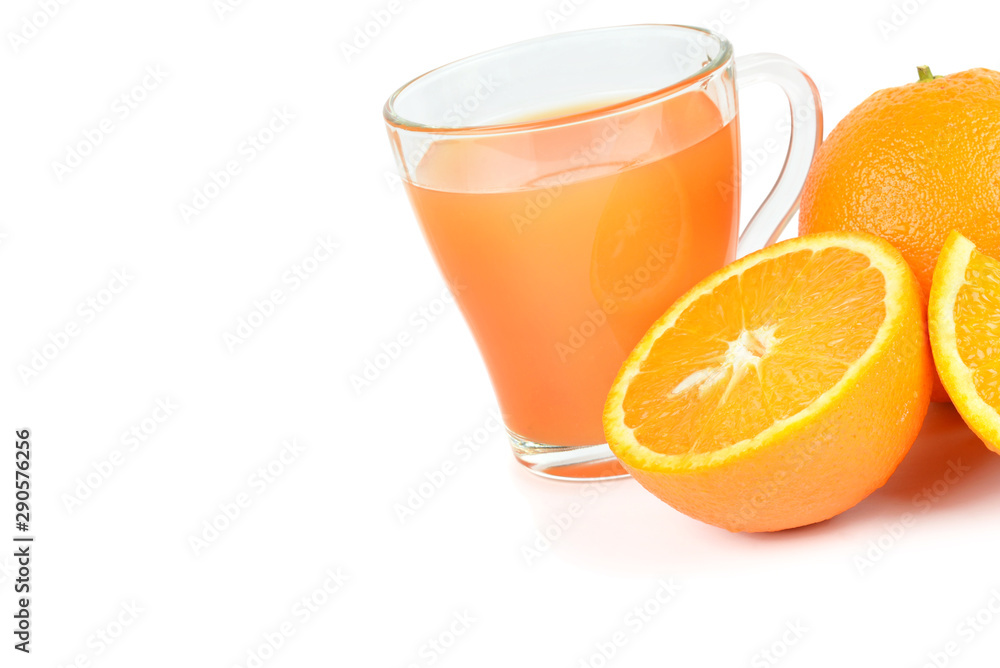 Fresh orange juice isolated on white background. Free space for text. Fresh orange juice isolated on white background. Free space for text.