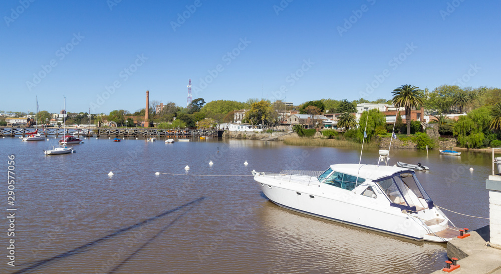 Fototapeta premium Boats anchored in the port of the city of Colonia del Sacramento, Uruguay, on the Rio de la Plata. Colonia del Sacramento is one of the oldest cities in Uruguay.