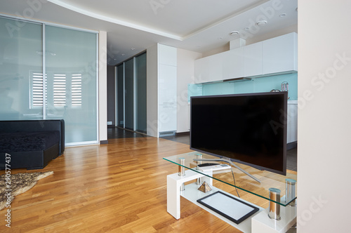TV area in the living room with parquet floor
