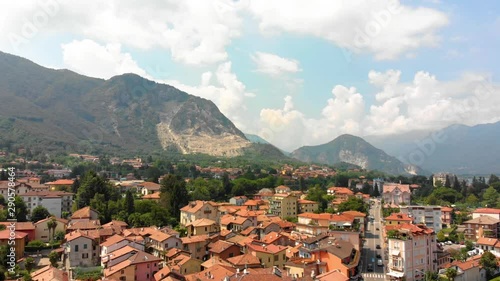flight over city on Maggiore lake bank