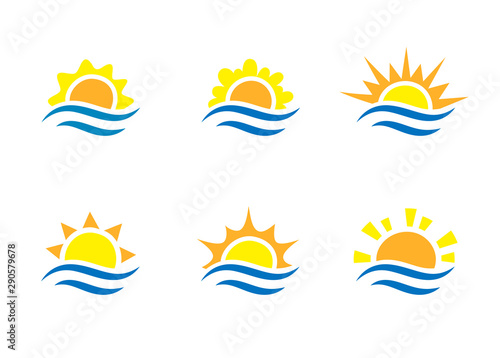 Sunrise and sea cartoon logo temlates collection. Water waves and sunbeam icons set.