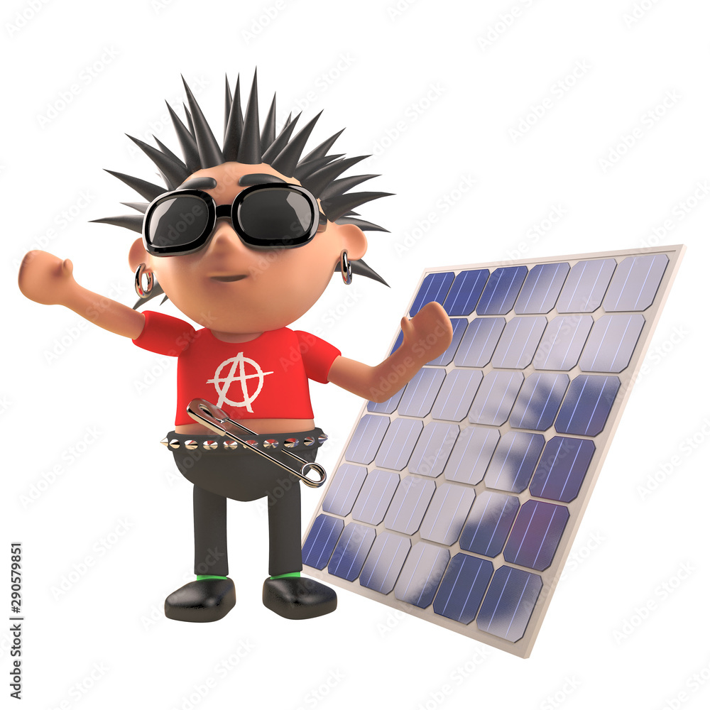 Cartoon 3d punk rocker character standing in front of a renewable energy  solar panel, 3d illustration Stock Illustration | Adobe Stock