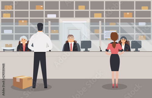 Interior of post office with office workers and customers. People send parcels. Barrier with postal scales. Shelving with boxes. Elegant serve counter,vector illustration
