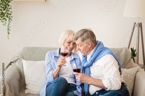 Celebrate anniversary. Happy senior couple drinking wine at home