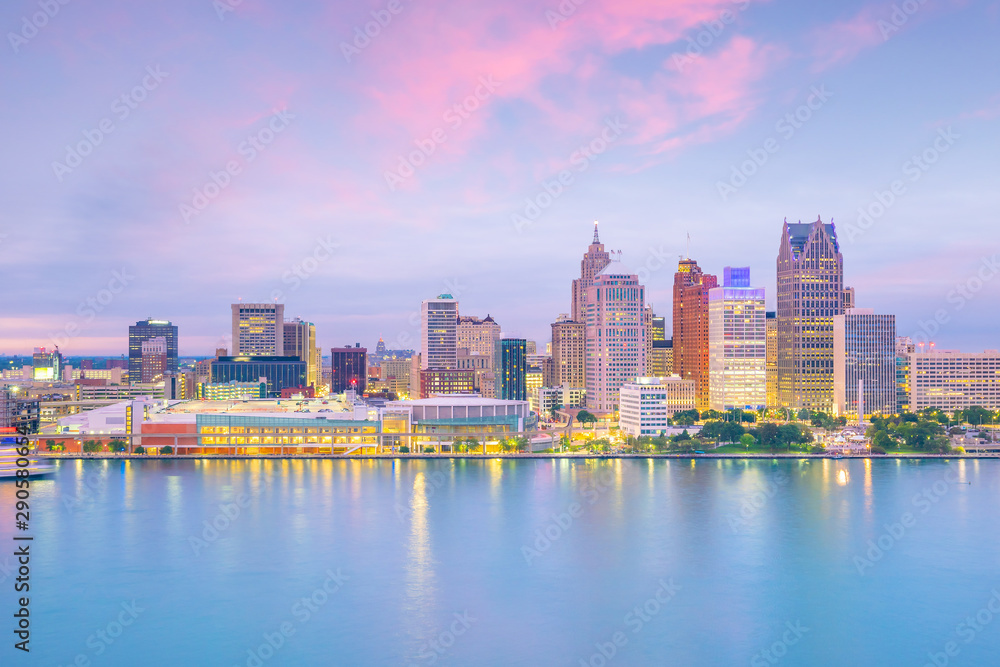 Detroit skyline in Michigan, USA at sunset Detroit skyline in Michigan, USA at sunset