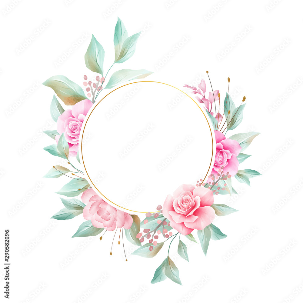 Round watercolor flowers frame for wedding or greeting card composition