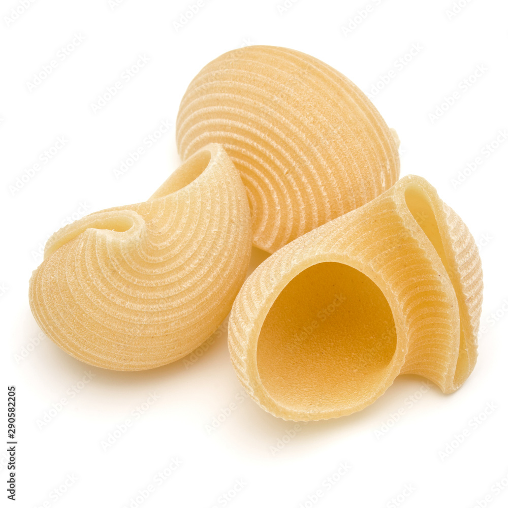 Italian lumaconi isolated on white background. Lumache, snailshell shaped pasta. Italian lumaconi isolated on white background. Lumache, snailshell shaped pasta.